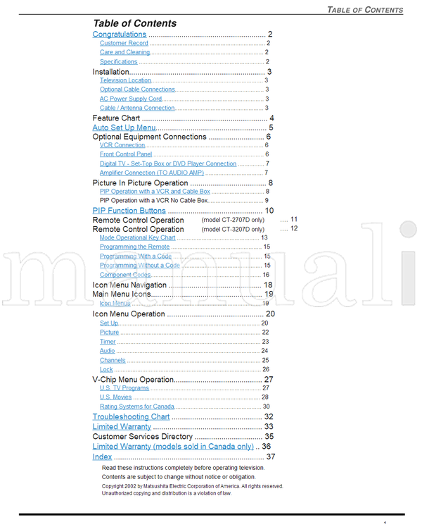 Panasonic CT2707D, CT3207D (80 pages) TV Operating Manual