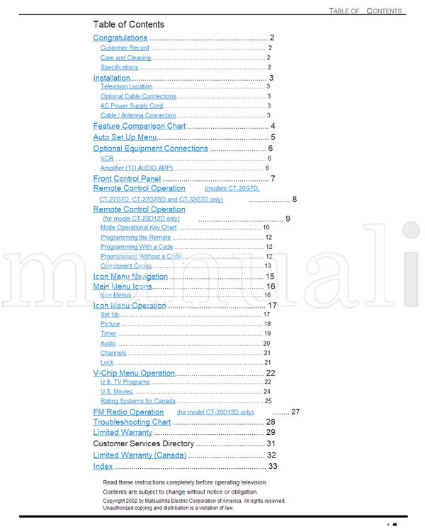Panasonic CT-20D12D CT-20G7D 1-800-211-PANA CT-27G7D CT-27G7DU (72 pages) TV Operating Manual
