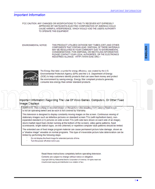 Panasonic CT-32G9 CT-32G19 TQB2AA0513 40514 (64 pages) TV Operating Manual