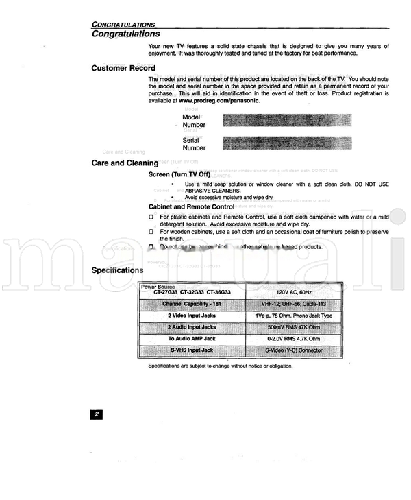 Panasonic CT-27G33 CT-32G33 CT-36G33 TQB2AA0260 80306 (17 pages) TV Operating Manual