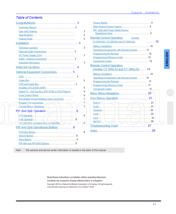Panasonic CT-32HL43 CT-36HL43 CT-32HC43 CT-32HXC43 CT-36HC43 (97 pages) TV Operating Manual