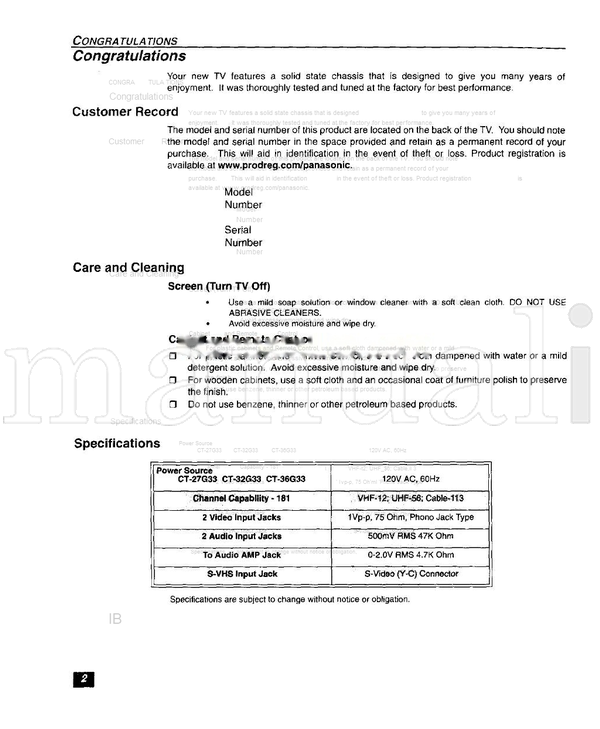 Panasonic CT-27G33 CT-32G33 CT-36G33 TQB2AA0260 80306 (18 pages) TV Operating Manual