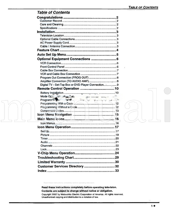 Panasonic CT-32SX12 CT-32SX12U CT-36SX12 1-800-211-PANA TQB2AA0383-0 (36 pages) TV Operating Manual