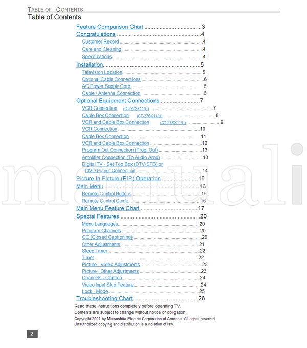 Panasonic CT-27SX11 CT-27SX11U CT-27SX31 CT-27SX31U 1-800-211-PANA (58 pages) TV Operating Manual