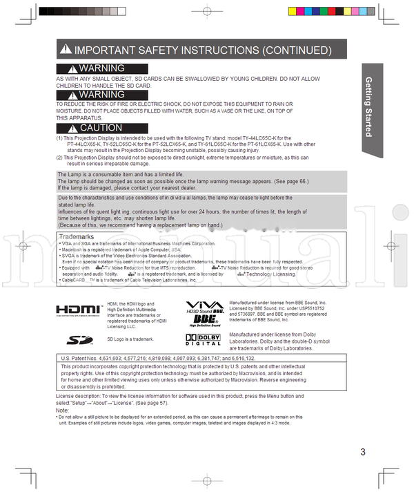 Panasonic PT-44LCX65-K PT-52LCX65-K PT-61LCX65-K LSQT0961 (160 pages) TV Operating Manual