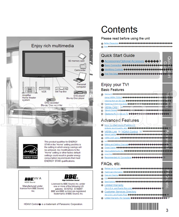 Panasonic TC-P50V10 TC-P54V10 TQB2AA0822-1 (68 pages) TV Operating Manual