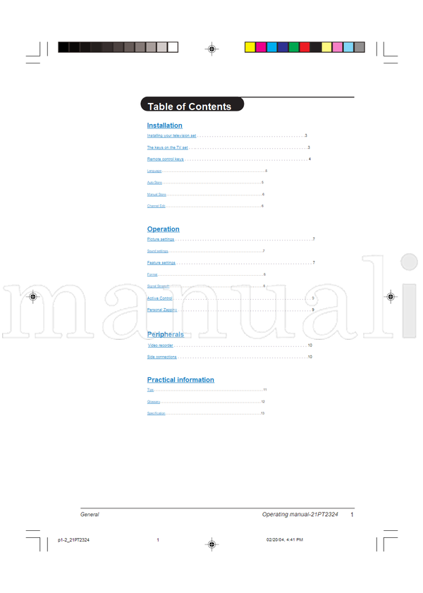 Philips 21PT2324 1-221PT2324 (16 pages) TV Operating Manual