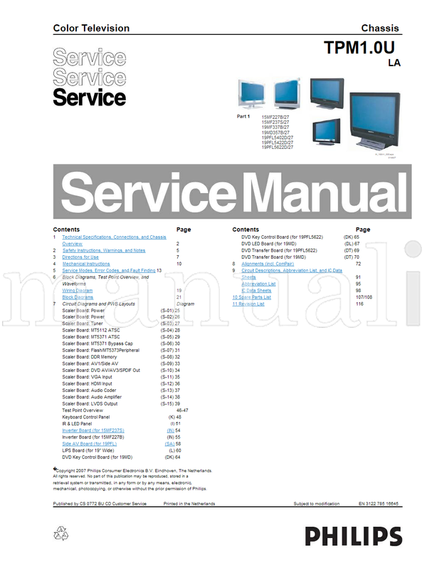 Philips 15MF227B 15MF237S 19MF337B 19MD357B 19PFL5402D 19PFL5422D (206 pages) TV Service Manual