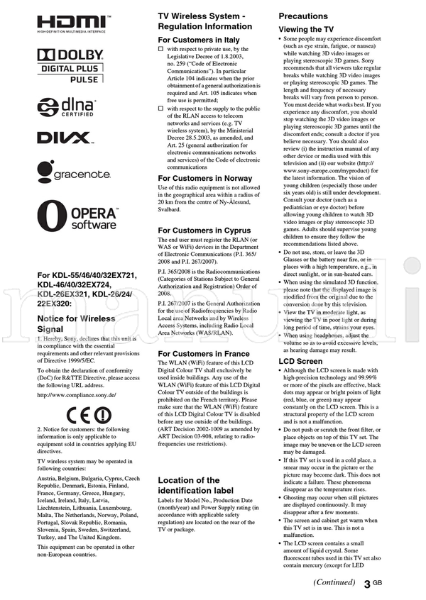 Sony KDL-55EX72x 46HX72x 46EX72x 46EX52x 46CX52x 40HX72x 40EX72x (36 pages) TV Operating Manual