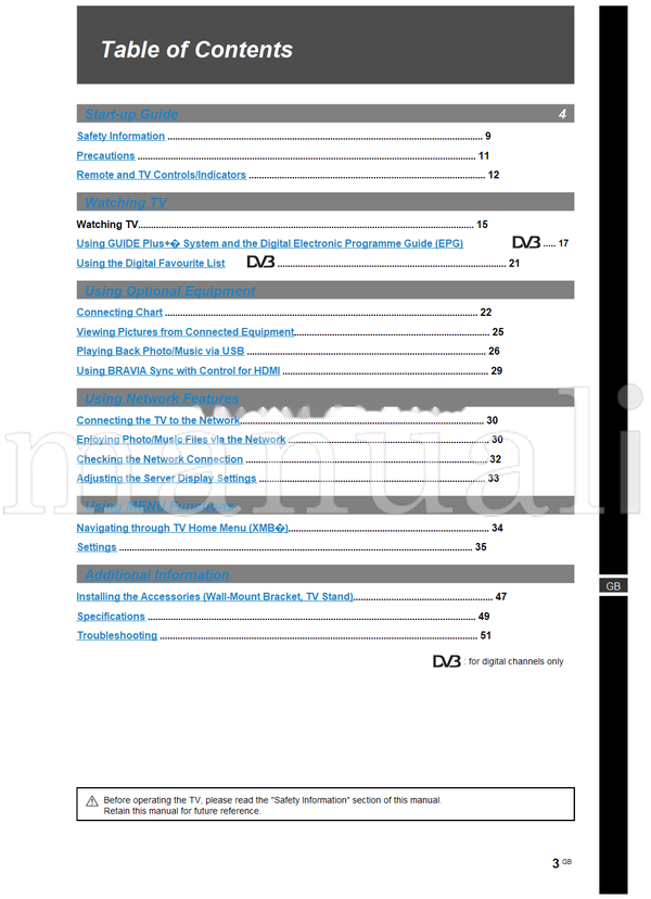 Sony KDL-52W4500 KDL-46W4500 KDL-40W4500 (55 pages) TV Operating Manual