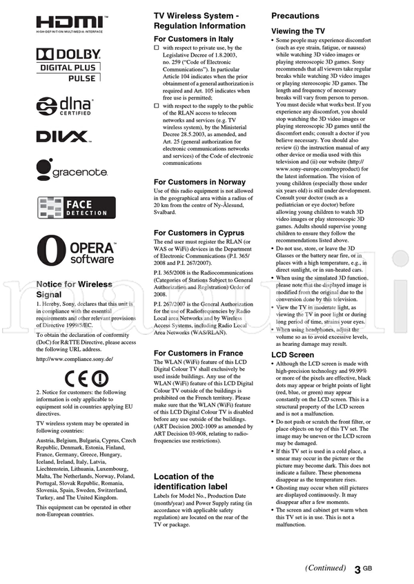 Sony KDL-65HX92x 60NX72x 55HX92x 55HX82x 55NX72x 46HX92x 46HX82x (40 pages) TV Operating Manual