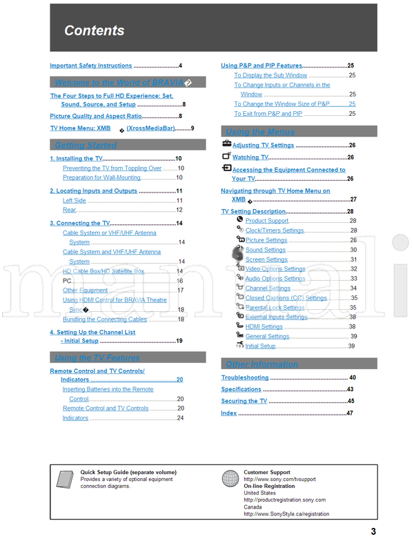 Sony KDL-40WL135 KDL-46WL135 KDL-52WL135 (52 pages) TV Operating Manual