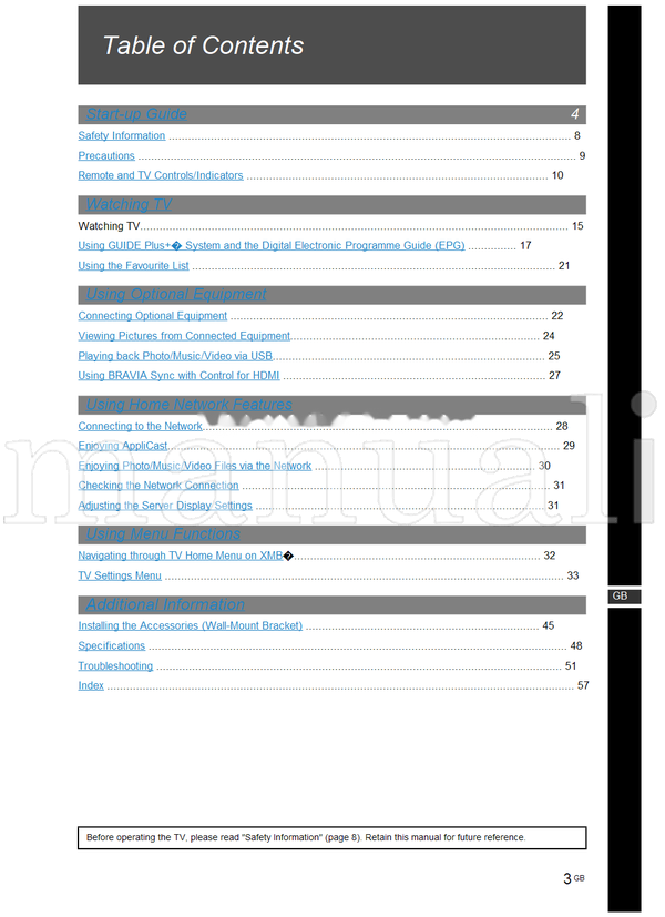 Sony KDL-40E55xx KDL-32E55xx KDL-52V55 KDL-46V55 KDL-40V55 (57 pages) TV Operating Manual
