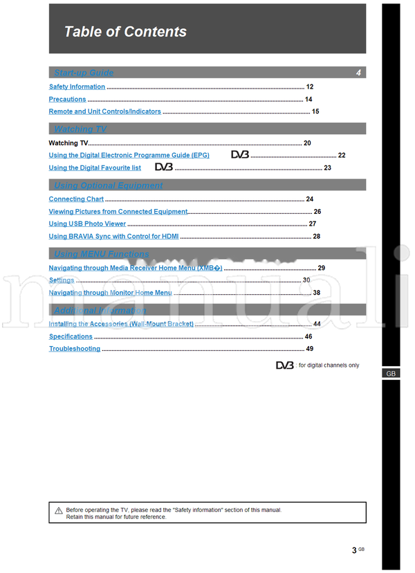 Sony KDL-52EX1 KDL-46EX1 KDL-40EX1 (112 pages) TV Operating Manual
