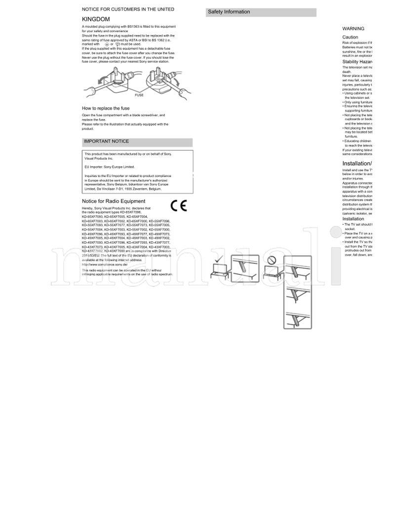 Sony KD-65XF70xx 55XF70xx 49XF70xx 43XF70xx (20 pages) TV Operating Manual