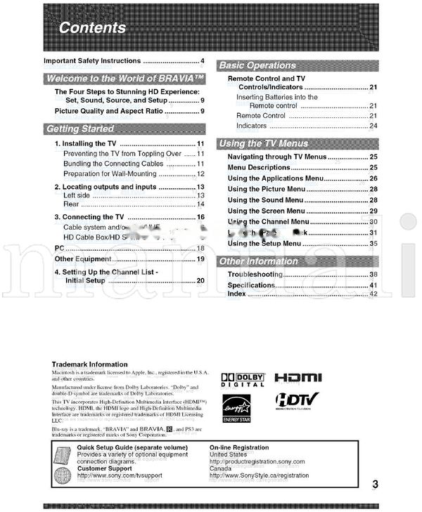 Sony KDL-26M3000 KDL-26ML130 KDL-32M3000 KDL-32ML130 KDL-37M3000 (48 pages) TV Operating Manual