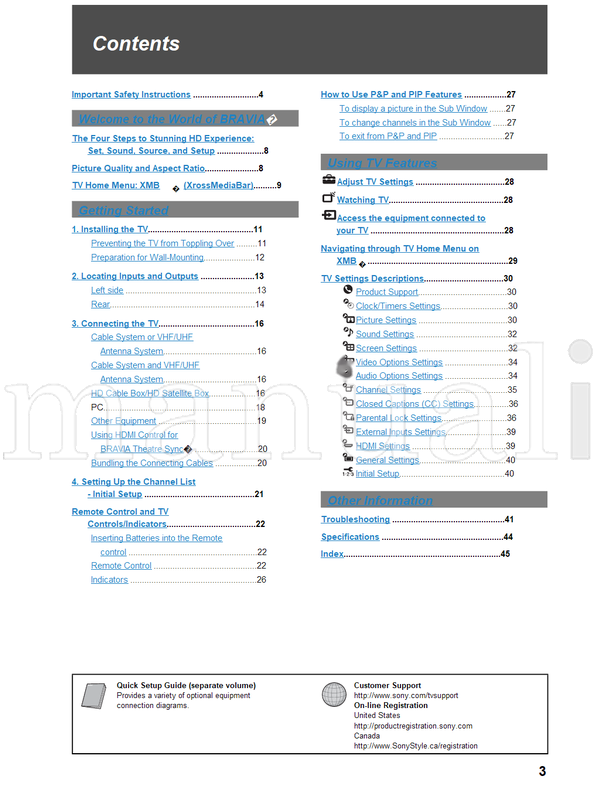 Sony KDL-26S3000 KDL-32S3000 KDL-40S3000 KDL-46S3000 KDL-32SL130 (48 pages) TV Operating Manual