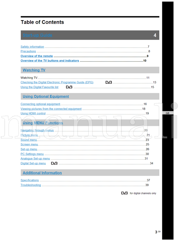 Sony KDL-46D3000 46D3010 KDL-40D3000 40D3010 KDL-32D3000 32D3010 (132 pages) TV Operating Manual
