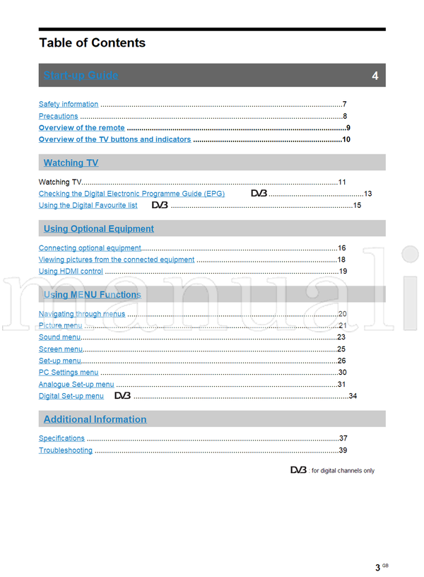 Sony KDL-46D3000 46D3010 KDL-40D3000 40D3010 KDL-32D3000 32D3010 (40 pages) TV Operating Manual