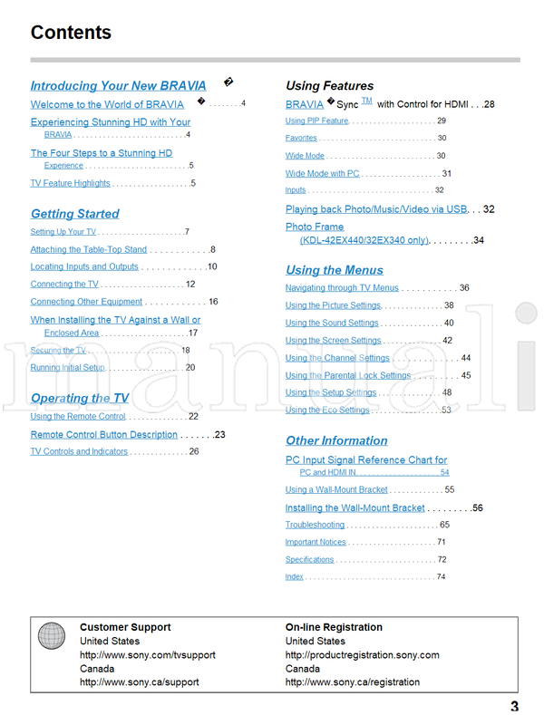 Sony KDL-42EX441 42EX440 32EX340 4-433-081 (76 pages) TV Operating Manual