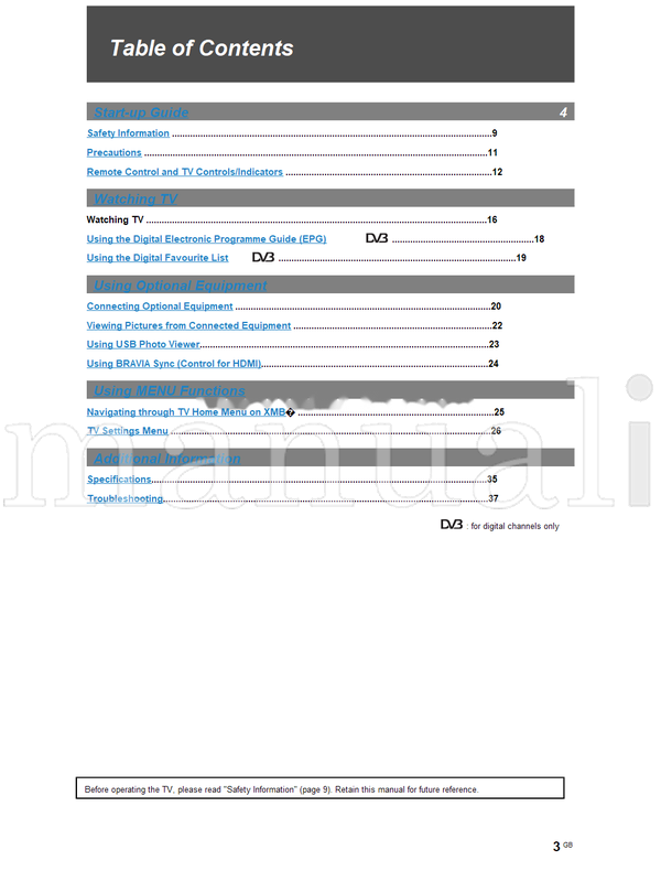 Sony KDL-37S4000 KDL-32S4000 KDL-26S4000 KDL-20S4000 (40 pages) TV Operating Manual
