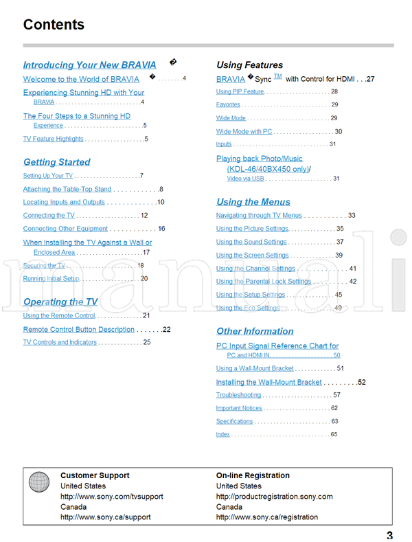 Sony KDL-46BX451 46BX450 40BX451 40BX450 4-418-206- (68 pages) TV Operating Manual