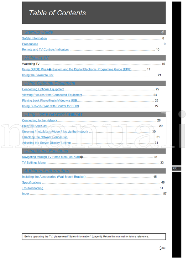 Sony KDL-40E55xx KDL-32E55xx KDL-52V55 KDL-46V55 KDL-40V55 (55 pages) TV Operating Manual