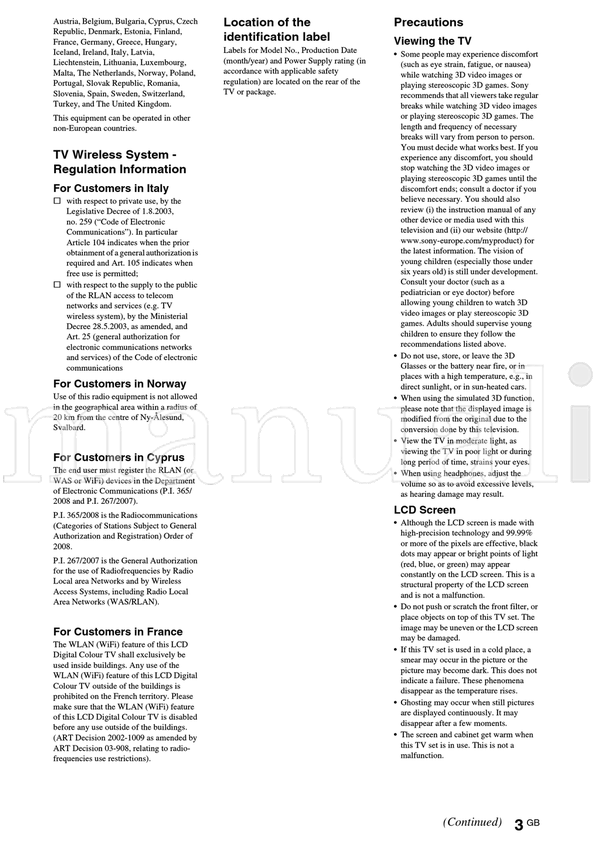 Sony KDL-60NX725 55HX925 55HX825 55NX725 46HX925 46HX825 46NX725 (36 pages) TV Operating Manual