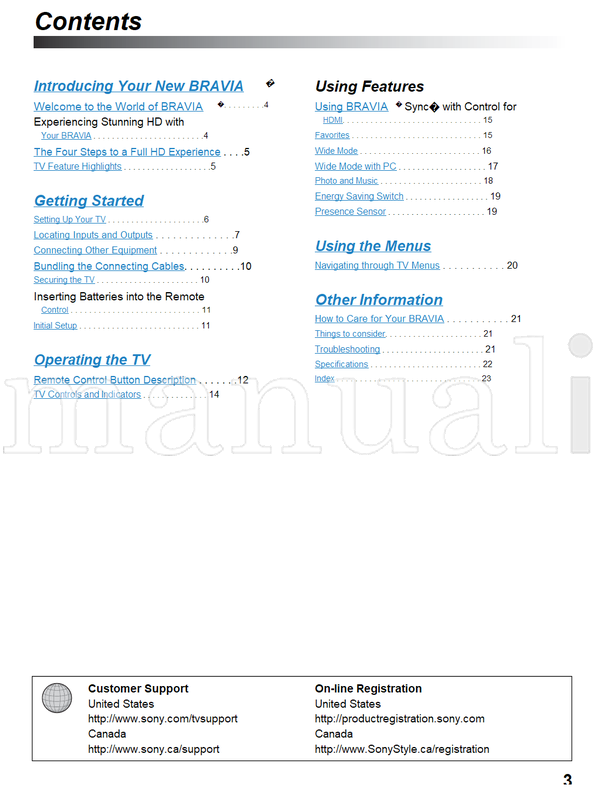 Sony KDL-52VE5 KDL-46VE5 KDL-40VE5 (24 pages) TV Operating Manual