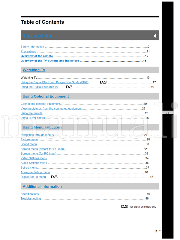 Sony KDL-52W3000 KDL-46W3000 KDL-40W3000 (156 pages) TV Operating Manual