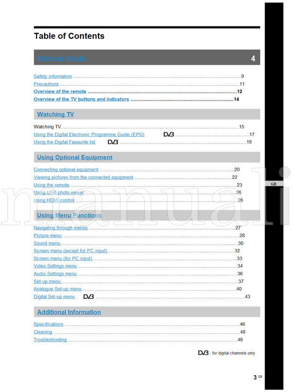 Sony KDL-70X3500 KDL-52X3500 KDL-46X3500 KDL-46X3000 KDL-40X3500 (164 pages) TV Operating Manual