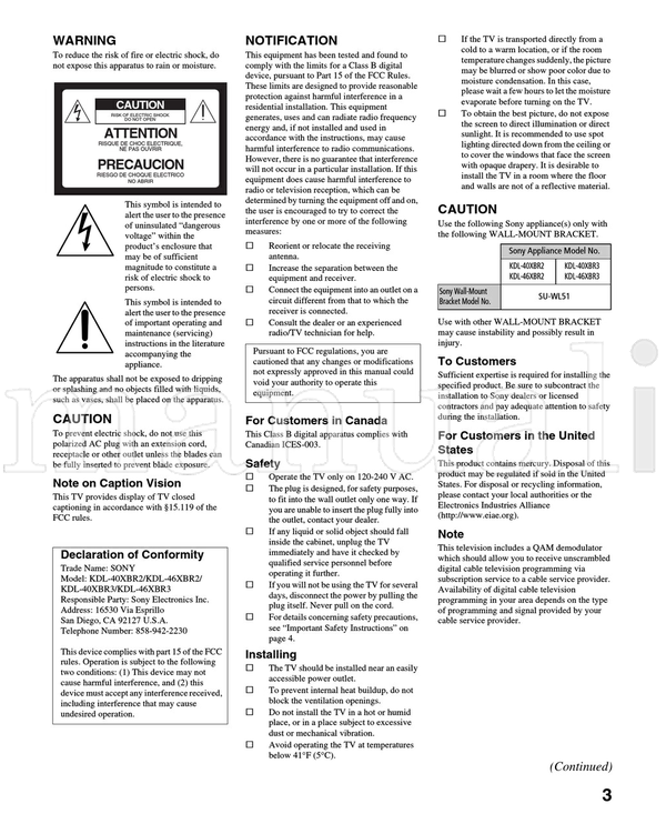 Sony KDL-40XBR2 KDL-46XBR2 KDL-40XBR3 KDL-46XBR3 (56 pages) TV Operating Manual
