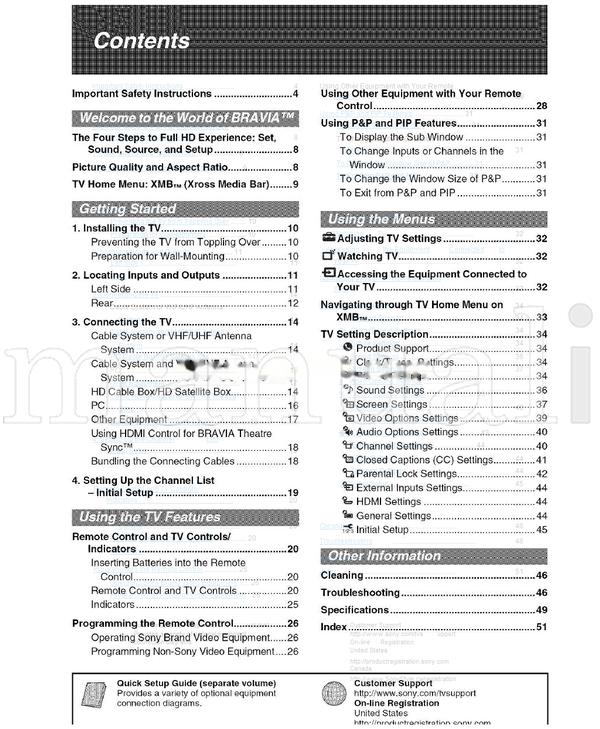 Sony KDL-40XBR4 KDL-46XBR4 KDL-52XBR4 KDL-40XBR5 KDL-46XBR5 (53 pages) TV Operating Manual