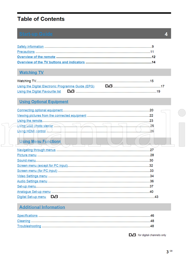 Sony KDL-70X3500 KDL-52X3500 KDL-46X3500 KDL-46X3000 KDL-40X3500 (52 pages) TV Operating Manual