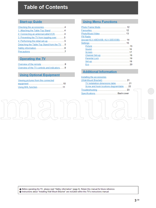 Sony KLV-40EX430 40EX43A 40EX43B 32EX330 32EX33A 32EX33B (24 pages) TV Operating Manual