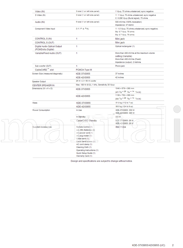 Sony KDE-37XS955 42XS955 9-878-258-03 (169 pages) TV Service Manual