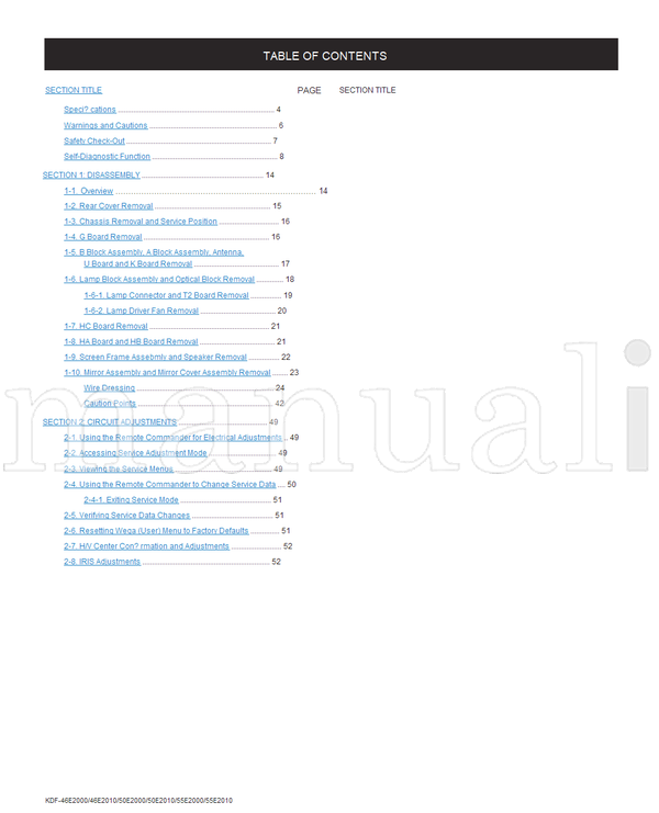 Sony KDF-46E2000 KDF-46E2010 KDF-50E2000 KDF-50E2010 KDF-55E2000 (139 pages) TV Service Manual