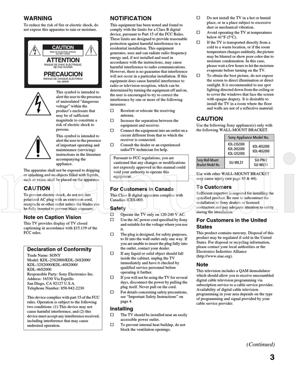 Sony KDL-23S2000 KDL-32S2000 KDL-46S2000 KDL-26S2000 KDL-40S2000 (48 pages) TV Operating Manual