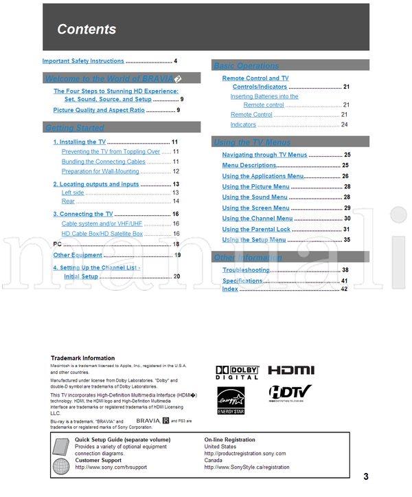 Sony KDL-26M3000 KDL-32M3000 KDL-37M3000 KDL-26ML130 KDL-32ML130 (48 pages) TV Operating Manual