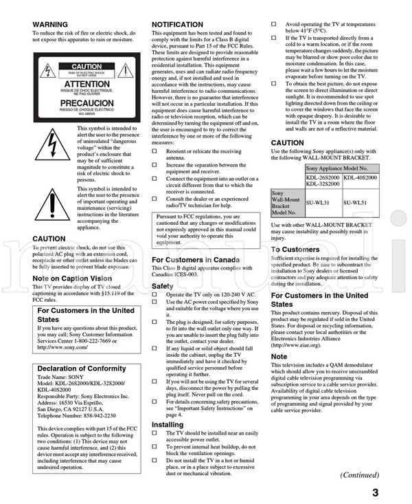 Sony KDL-26S2000 KDL-32S2000 KDL-40S2000 (44 pages) TV Operating Manual