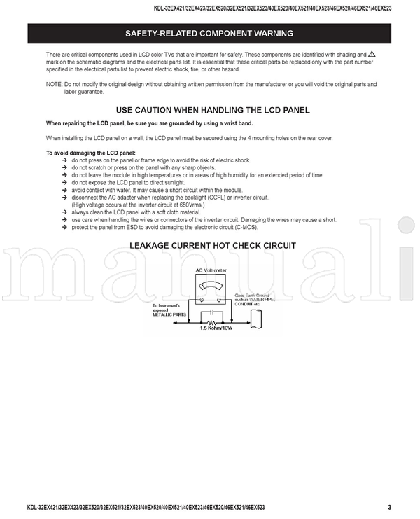 Sony KDL-32EX421 KDL-32EX423 KDL-32EX520 KDL-32EX521 KDL-32EX523 (43 pages) TV Service Manual
