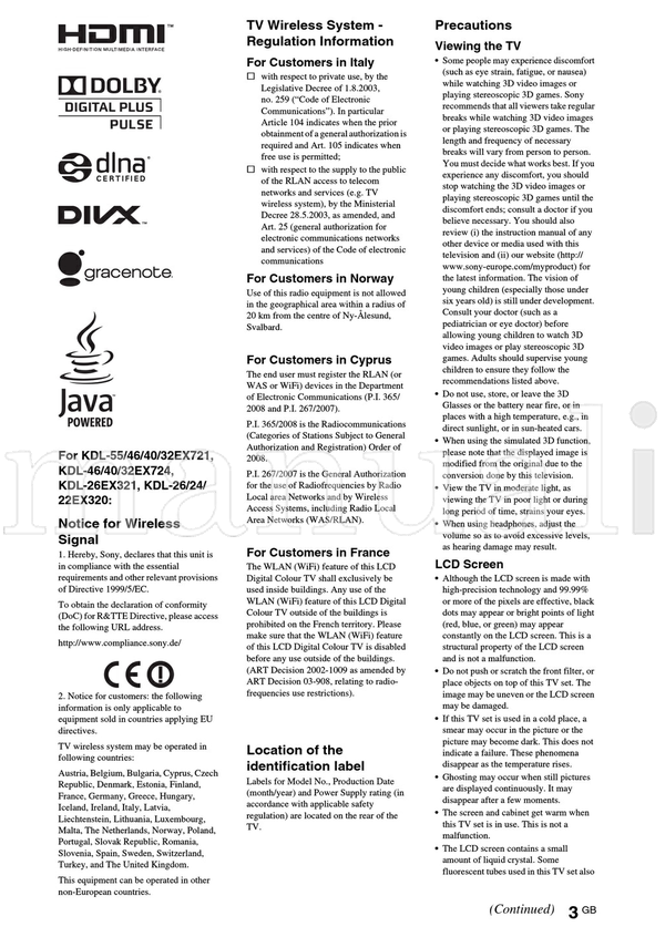 Sony KDL-55EX72x 46EX72x 46EX52x 46CX52x 40EX72x 40EX52x 40CX52x (36 pages) TV Operating Manual