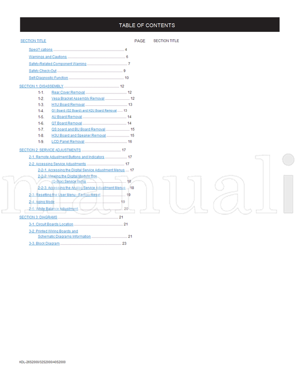 Sony KDL-26S2000 KDL-32S2000 KDL-40S2000 9-965-994-04 RM-YD005 (82 pages) TV Service Manual