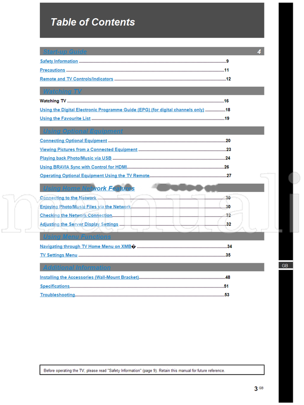 Sony KDL-70X4500 KDL-55X4500 KDL-46X4500 KDL-40X4500 (112 pages) TV Operating Manual