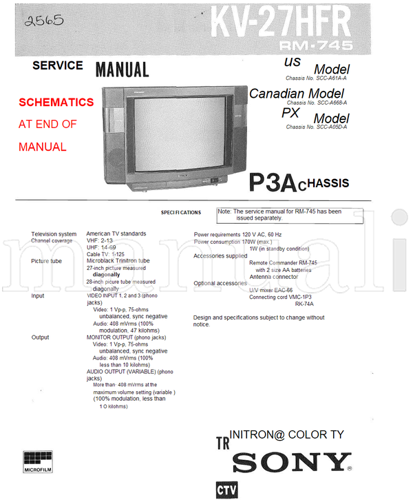 Sony 27-inch 28-inch 75-ohms RM-745 EAC-66 VMC-1P3 SCC-A61A-A (42 pages) TV Service Manual