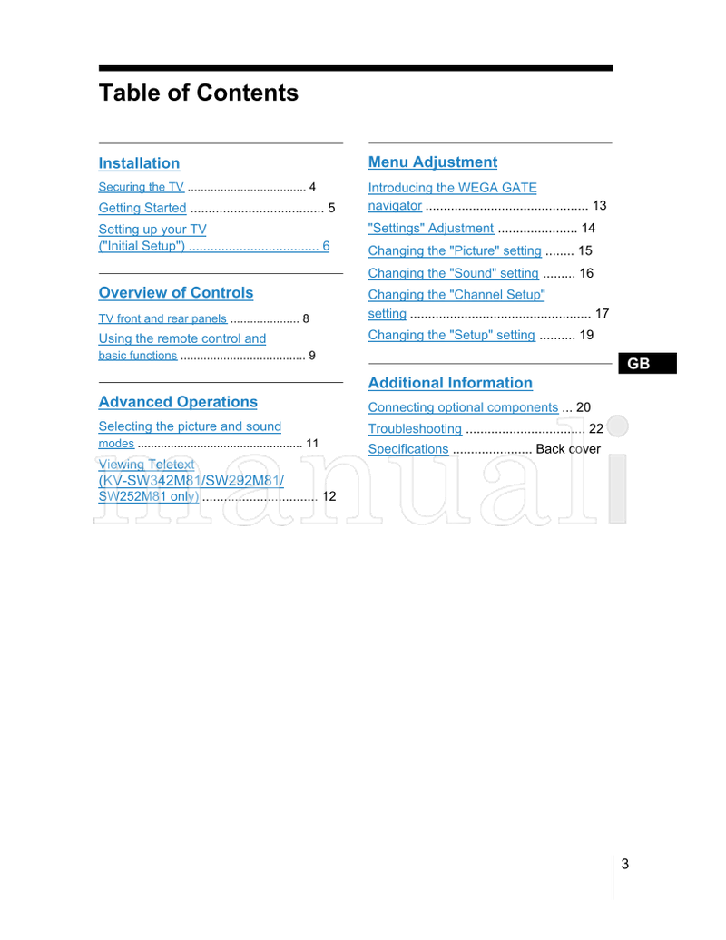 Sony KV-SW342 KV-SW292 KV-SW252 (90 pages) TV Operating Manual