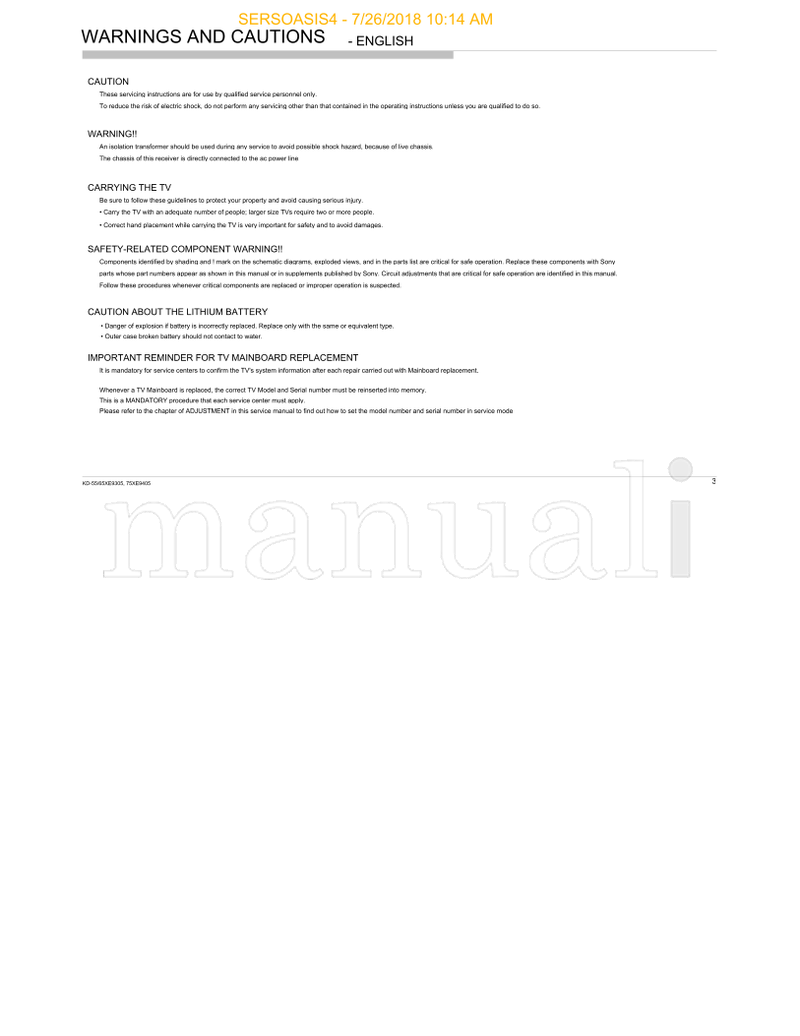 Sony XE93 Series (257 pages) TV Service Manual