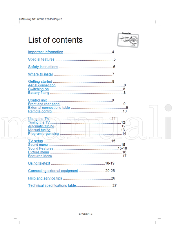 Toshiba 14VL44 Series (27 pages) TV Operating Manual