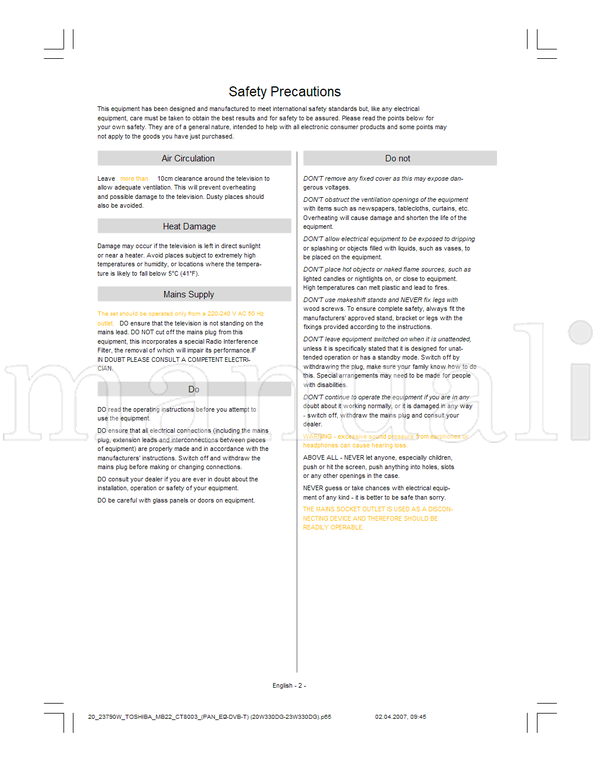 Toshiba 20W330DB (37 pages) TV Operating Manual