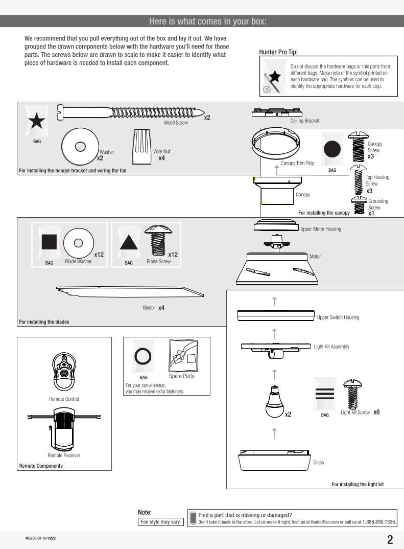 Hunter 59244 Dempsey 44in Low Profile LED Ceiling Fan Operating Manual